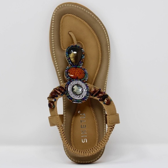 *NEW* Siketu Beige Beaded T Strap Sandal Women’s Size 9.5 in Beige - Picture 1 of 7